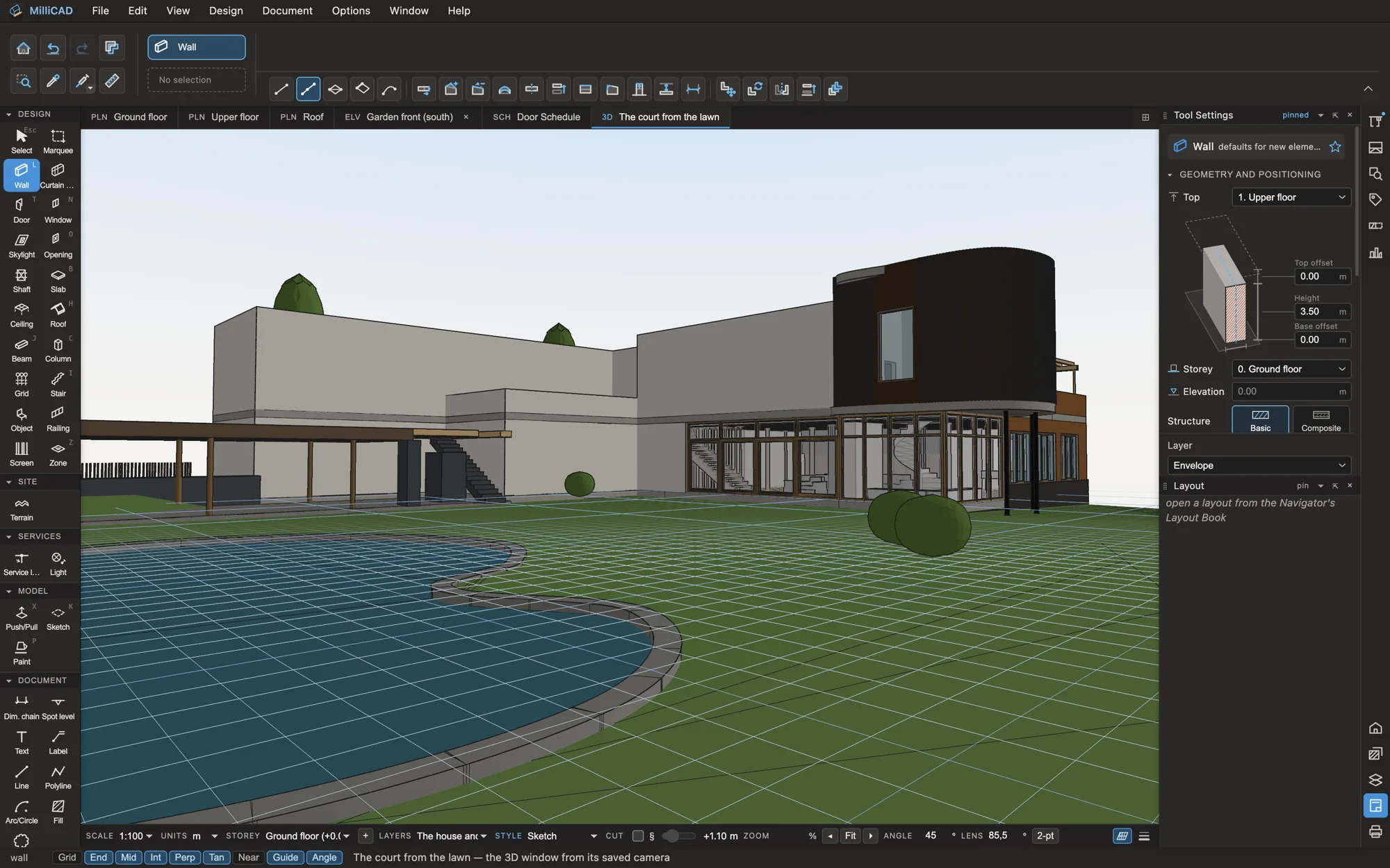 MilliCAD’s 3D window: a villa and its court seen from the lawn