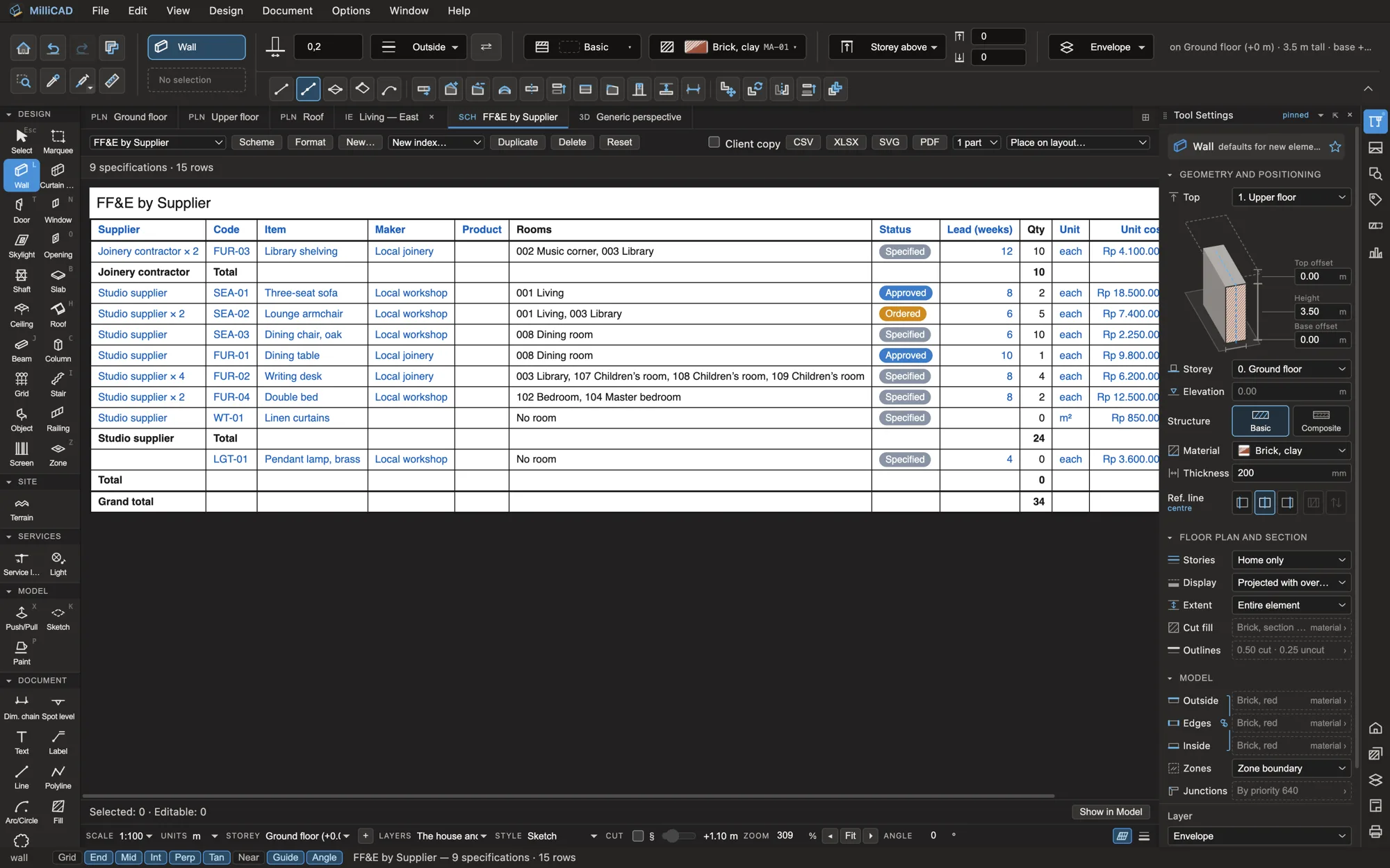 An FF&E schedule grouped by supplier with quantities and totals