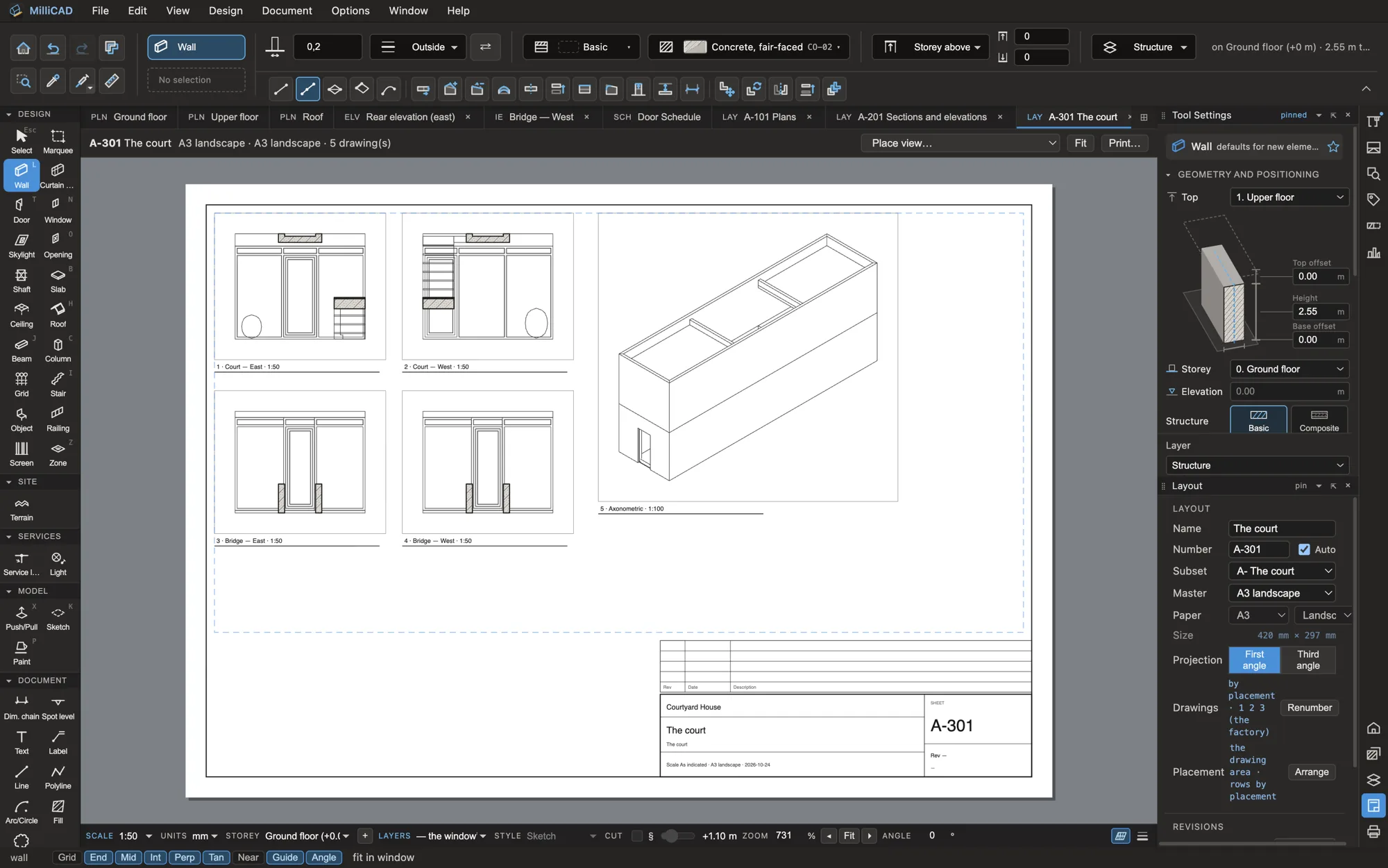 A sheet of interior elevations of a court, with an axonometric
