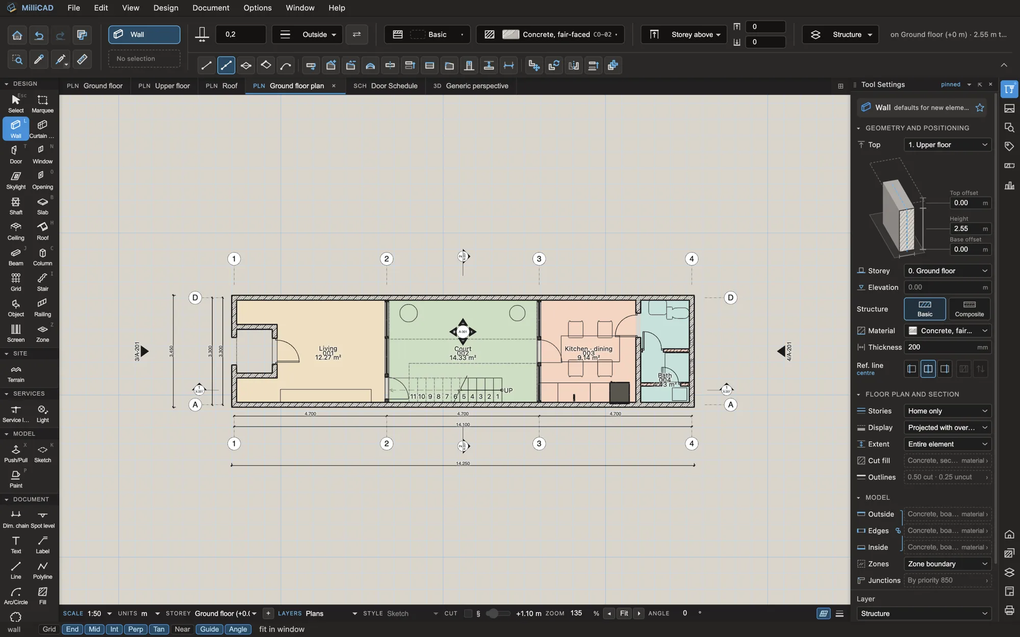 A ground floor plan with coloured rooms, a stair, grids and dimensions
