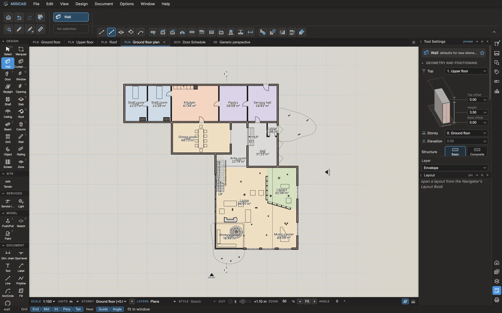 A ground floor plan with rooms, areas and furniture