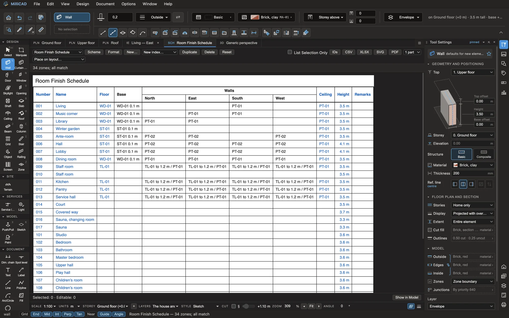 A room finish schedule listing floor, base, wall and ceiling finishes per room