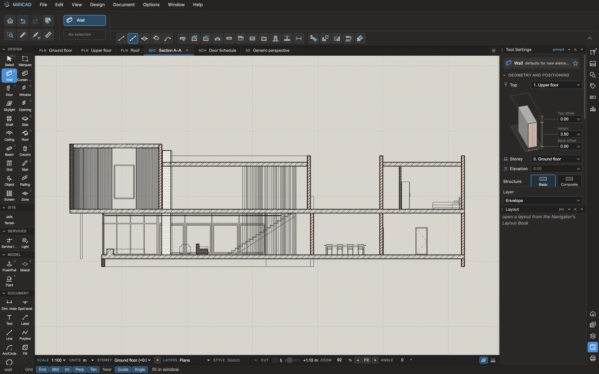 A long section through a villa with its rooms and screens