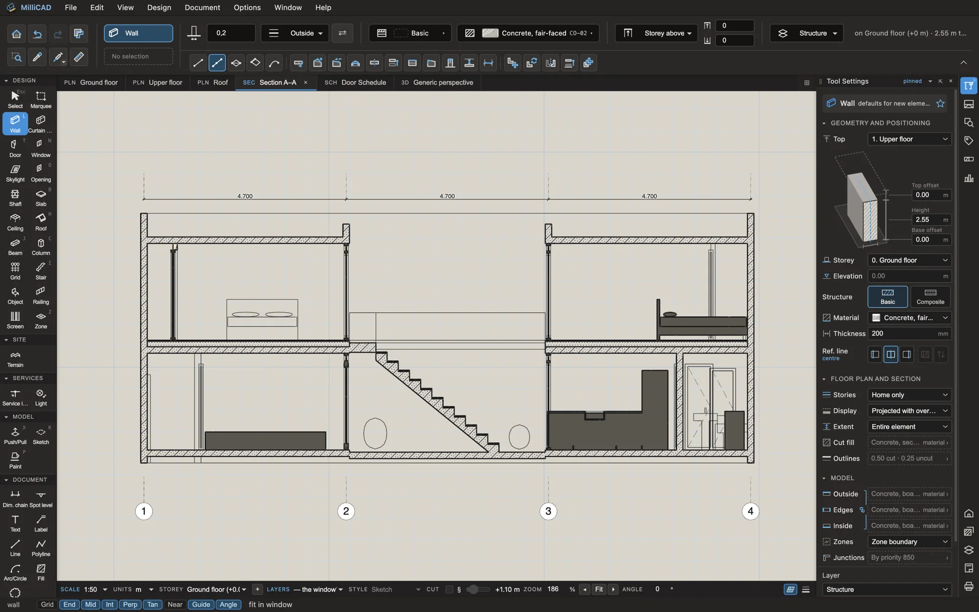 A building section with its grid lines and dimensions